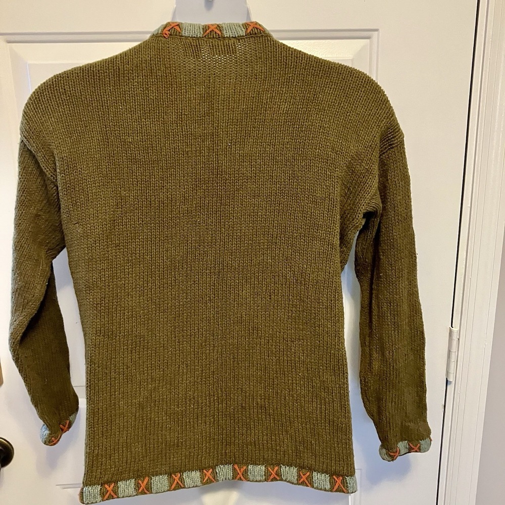 Vtg Y2K Newport News Sz Large Olive Green Embroidered Crochet Cardigan Sweater - Picture 5 of 7